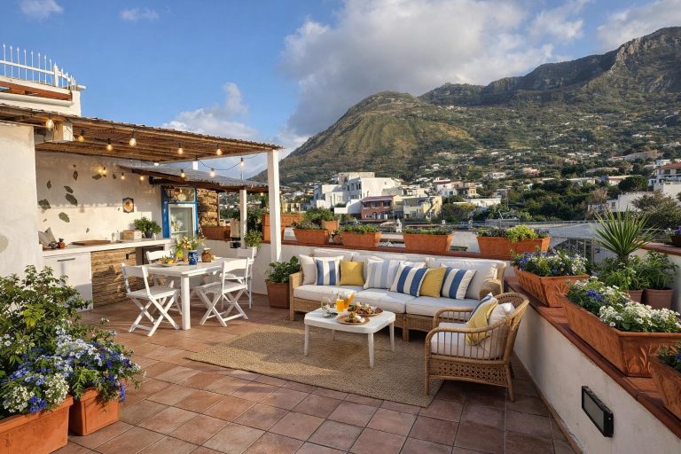 terrace with view of monte epomeo from the Rin hostel in Forio d'ischia